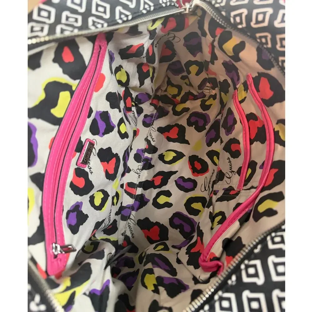 GUESS Satchel Black/White with Pink Trim Zipper Closure Handbag